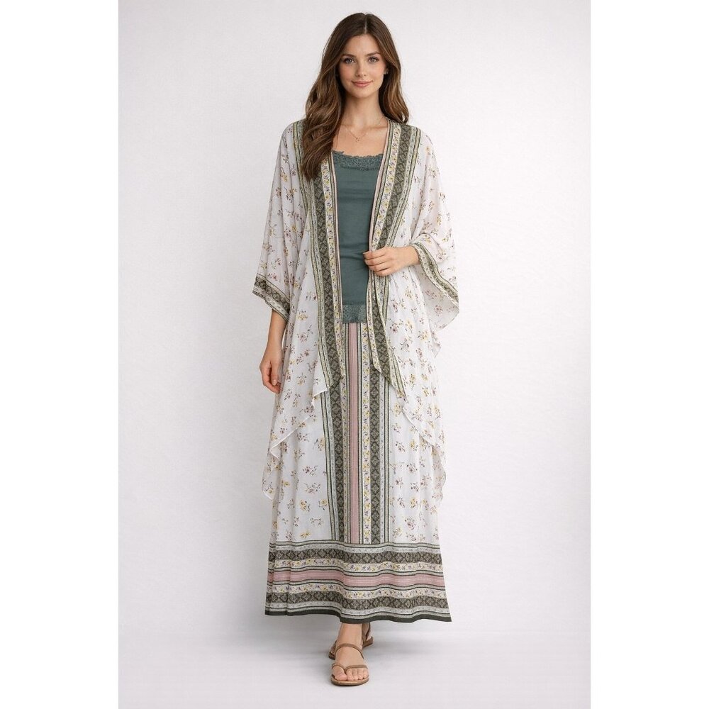 New Est 1946 Kimono Cardigan Skirt Set Boho Floral Duster Maxi Outfit Sz M 3pc